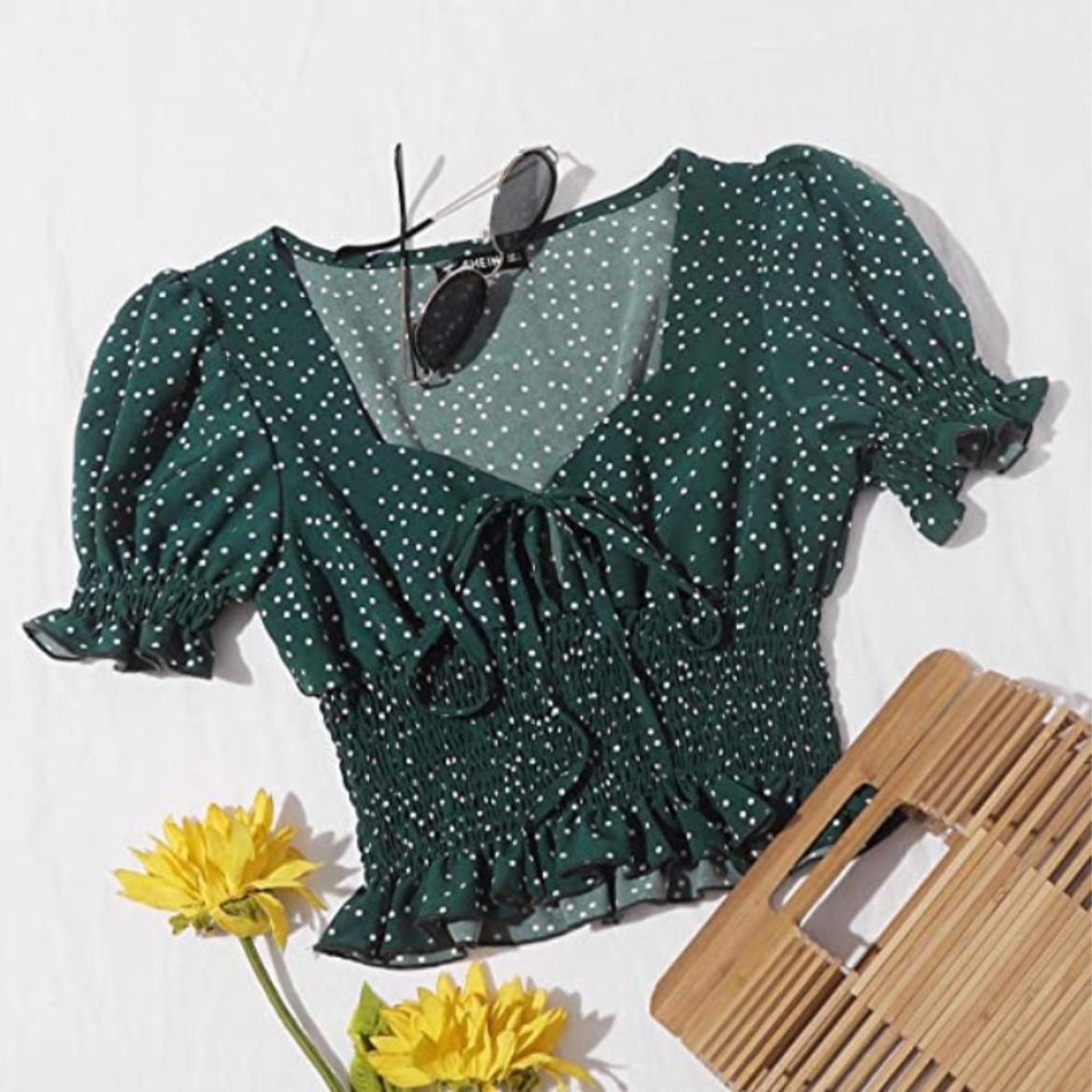 Floerns Polka Dot Shirred Waist Crop Top S